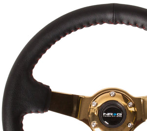 NRG Reinforced Steering Wheel (350mm / 3in. Deep) Blk Leather/Red BBall Stitch w/4mm Gold Spokes