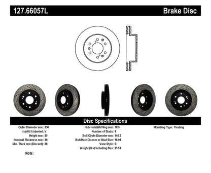 StopTech 05-10 GMC Sierra 1500 (w Rear Drum) / 07-09 GMC Yukon Front Left Slotted & Drilled Rotor