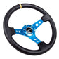 NRG Reinforced Steering Wheel (350mm / 3in. Deep) Blk Leather w/Blue Circle Cutout Spokes