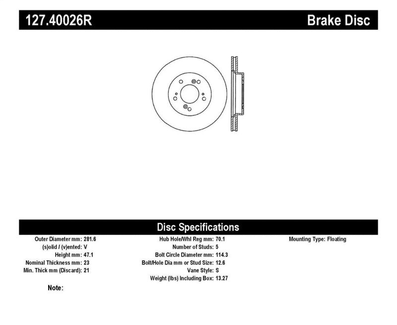 StopTech 97-01 Acura Integra Type R / 97-01 Honda CR-V Slotted & Drilled Right Front Rotor