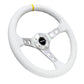 NRG Reinforced Steering Wheel (350mm / 3in. Deep) Wht Leather w/Silver Spoke & Single Yellow Mark