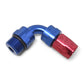 Russell Performance Swivel Hose End Assy #10 AN Male SAE Port to #8 Hose 90 Deg Red/Blue Anodized