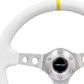 NRG Reinforced Steering Wheel (350mm / 3in. Deep) Wht Leather w/Silver Spoke & Single Yellow Mark