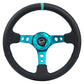 NRG Reinforce Steering Wheel (350mm / 3in. Deep) Blk Leather, Teal Center Mark w/ Teal Stitching