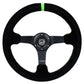 NRG Reinforced Steering Wheel 350mm/3in. Deep Blk Suede/ Neon Green Stitch w/5mm Matte Black Spoke