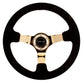 NRG Reinforced Steering Wheel (350mm / 3in. Deep) Blk Suede w/Red BBall Stitch & Chrome Gold 3-Spoke