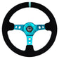 NRG Reinforced Steering Wheel (350mm/ 3in. Deep) Black Suede/ Teal Center Mark/ Teal Stitching