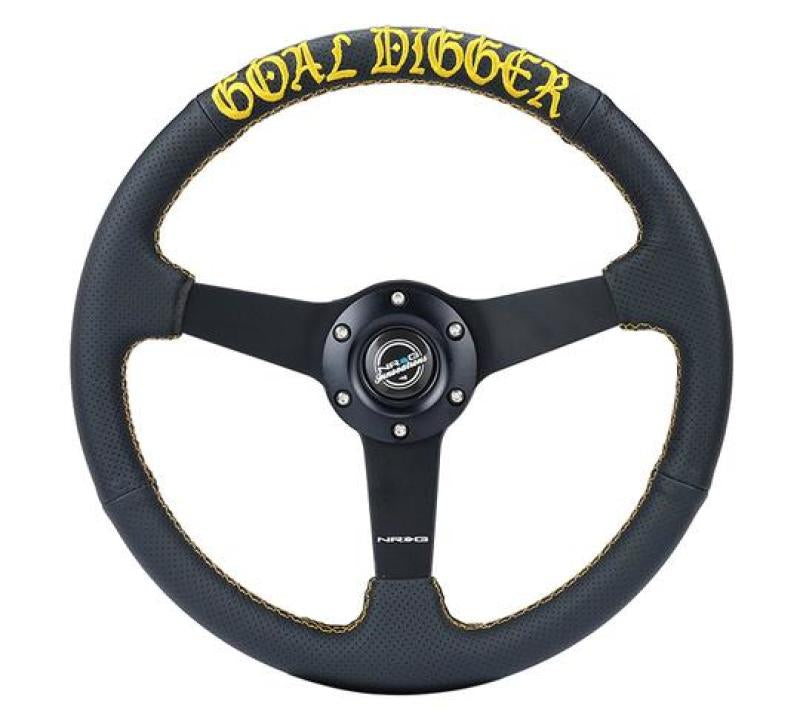 NRG Sport Steering Wheel (350mm / 1.5in Deep) Black Leather/Gold Stitch w/Matte Black Solid Spokes